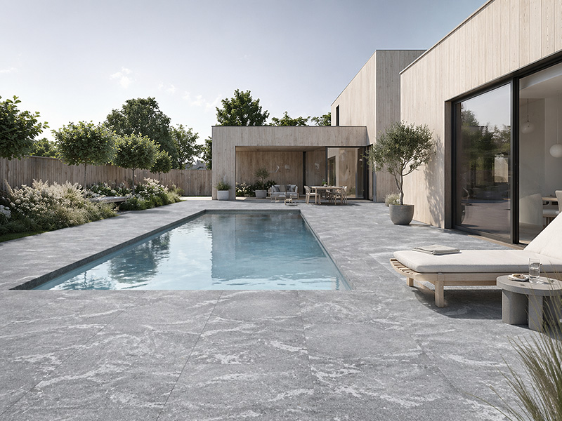 Pool med Granitkeramik poolkant granit gråmelerad