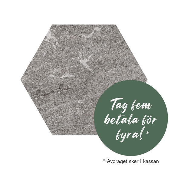 Stegsten i granitkeramik, gråmelerad granit, hexagonformad med kampanjknappen "Tag fem betala för fyra"