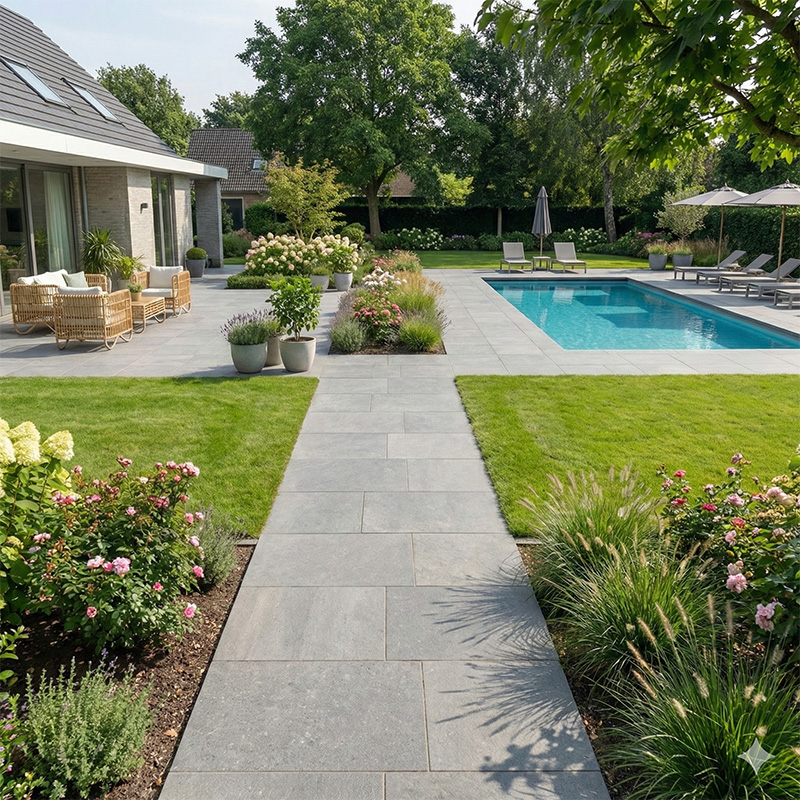 Trädgård med Granitkeramik Kalksten varmgrå