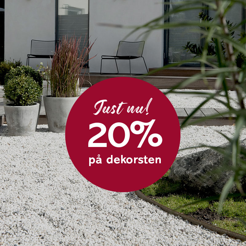 Dekosten med text i röd rund knapp – Just nu 20% på dekorsten